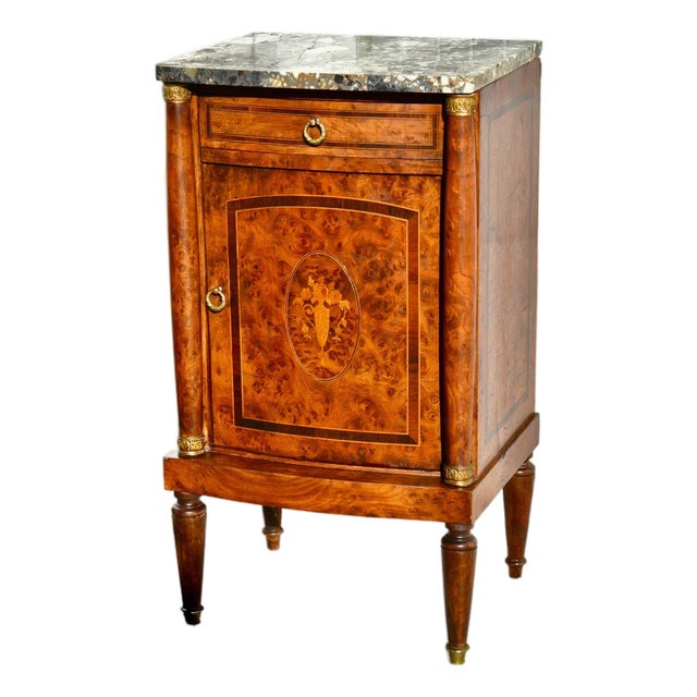 Antique French Inalid BurlWood Marble Top Cabinet/Stand W/Brass Mounts For Sale