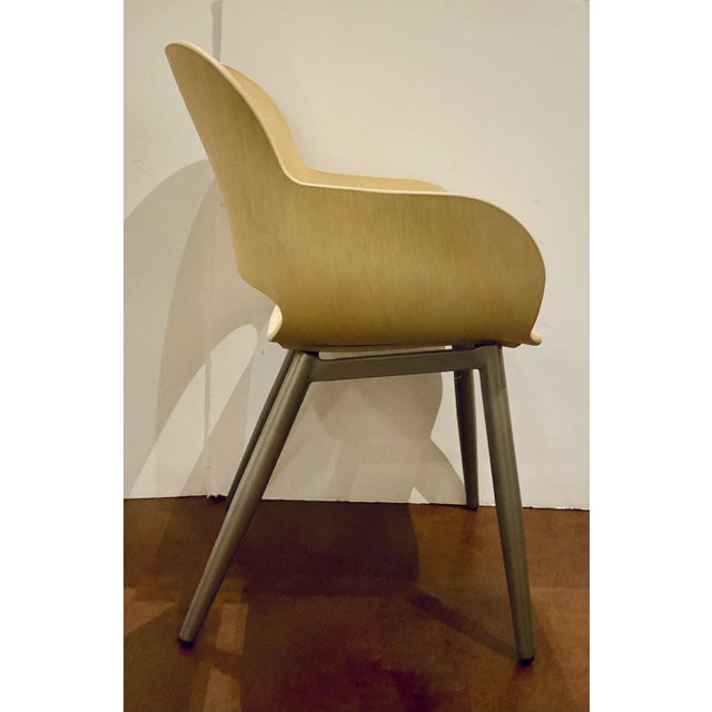 Stylish Mod Indoor/Outdoor Dining Chairs Pair, bleached wood, gray metal base, showroom floor samples