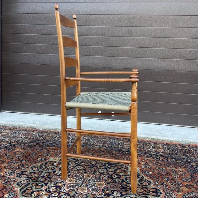 Wood 21st Century American Shaker Maple Ladder Back Arm Chair With Teal & Tan Webbing by the Shaker Shoppe of Pennsylvania For Sale - Image 7 of 11