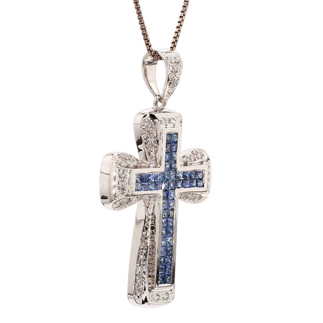 1.2 Carat Sapphire and Diamond Pave Cluster Cross Pendant White Gold Necklace For Sale In Miami - Image 6 of 7