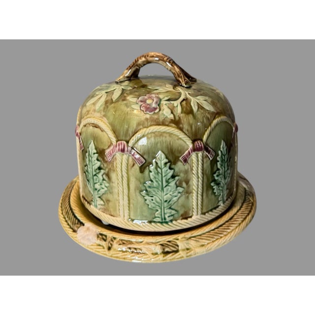 Vintage Antique Majolica Pottery Floral Decorated Cheese Keeper Dome With Base For Sale - Image 4 of 10