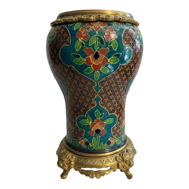 Vintage Asian Cloisonné Enamel Vase on Ornate Gilt Metal Base For Sale