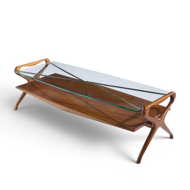 Mid-Century Modern Cesare Lacca Style Mid Century Italian Walnut and Brass Coffee Table For Sale - Image 3 of 9