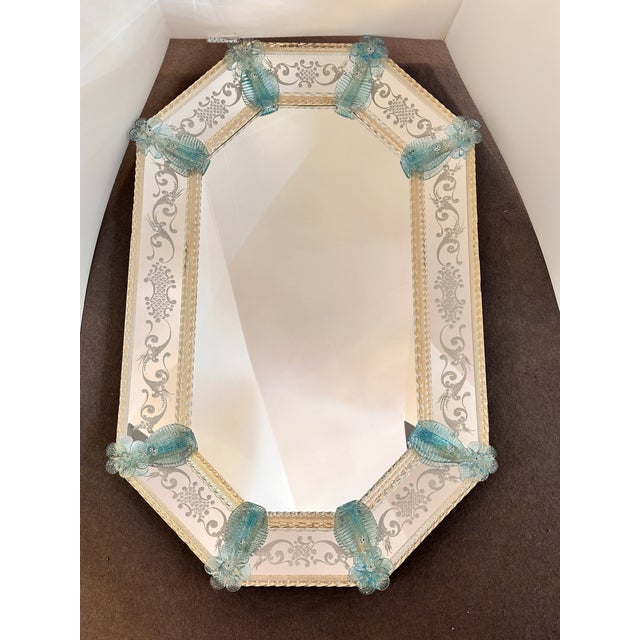Venetian Octagonal Wall Mirror Hand-Carved in Murano Glass With Ligh-Blue Flowers For Sale - Image 6 of 6