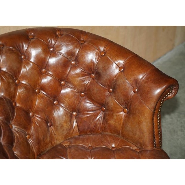 Metal Hand-Dyed Brown Leather Chesterfield Club Tub Barrel Armchair with Brass Castors For Sale - Image 7 of 18