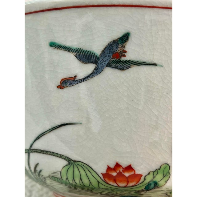 Vintage 10” Hand-Painted Porcelain Lotus & Dragon Centerpiece Bowl With Ming Style Wood Stand For Sale In New Orleans - Image 6 of 11