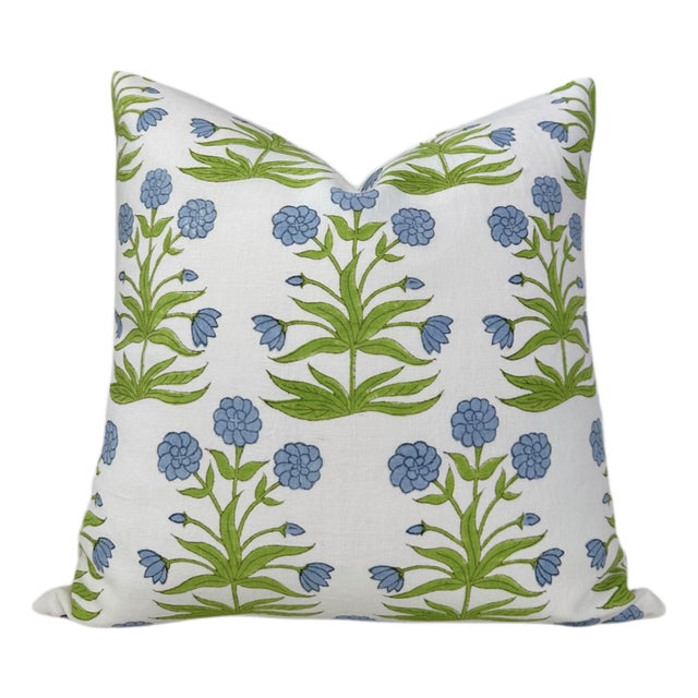 Mughal Linen Pillow Cover in Blue Green, 22x22 Pillow For Sale