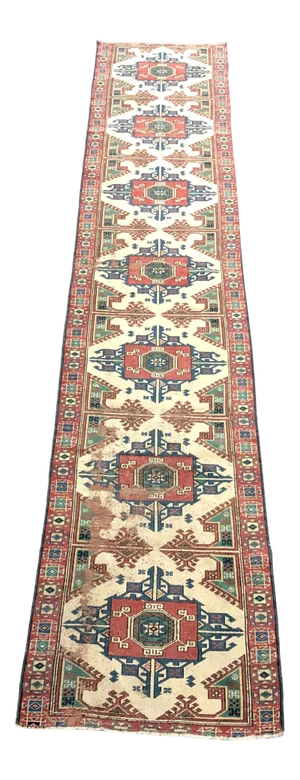 1960s Distressed Ethnic Turkish Geometric Design Runner Rug