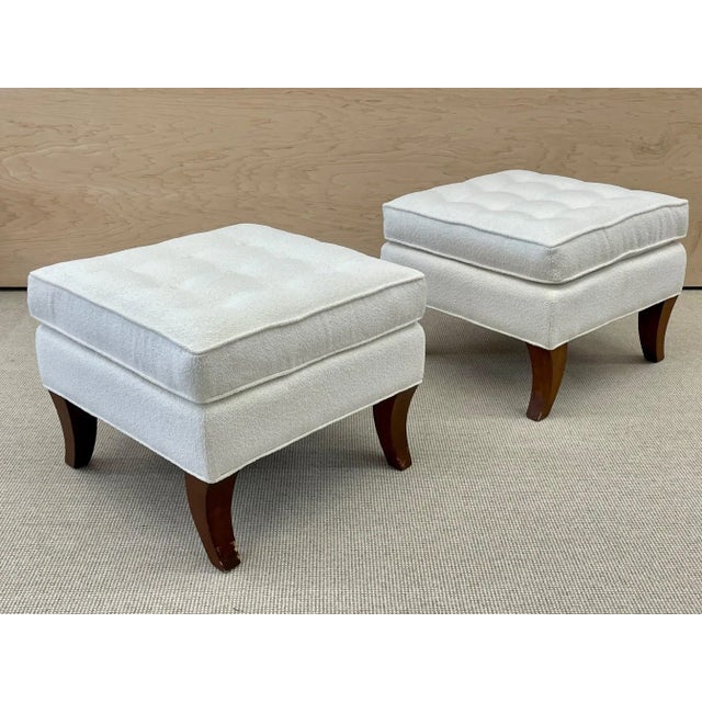 Mid-Century Modern American Designer Tufted Ottomans, Stools, Walnut, Bouclé For Sale - Image 13 of 13