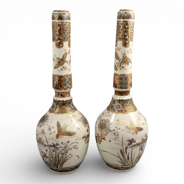 Tall Japanese Satsuma Vases with Moriage and Gold Pointillé, Set of 2 For Sale - Image 3 of 18