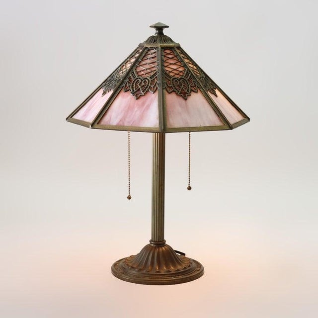 Antique Bradley & Hubbard School Arts & Crafts 8 Panel Slag Glass Lamp C1920 For Sale - Image 11 of 18