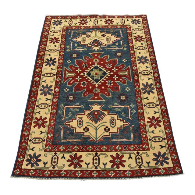 Kazak Rug 3’11” X 5’11” Blue Wool Tribal Hand-Knotted Oriental Carpet For Sale