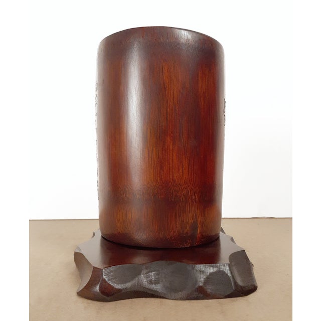 Chinese carved bamboo Zhang Zhihe poem bitong, with a finely carved Buddhist monk, Fuhu Luohan, holding a flaming ring on...