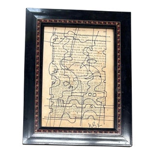 Contemporary Original Wayne Cunningham Abstract Marker Drawing on Vintage Book Page For Sale