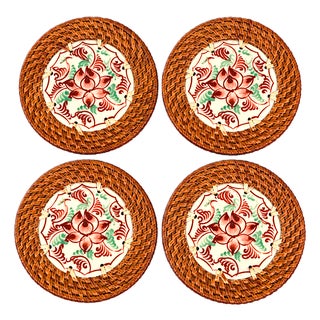 Asian Moder Bat Trang Vietnam Rattan & Ceramic Coasters With Hand Painted Red Lotus Floral Motif - Set of 4 For Sale