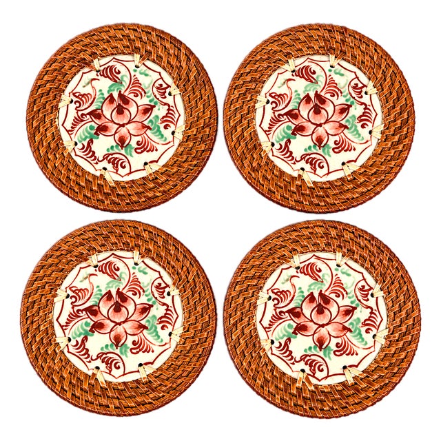 Asian Moder Bat Trang Vietnam Rattan & Ceramic Coasters With Hand Painted Red Lotus Floral Motif - Set of 4 For Sale