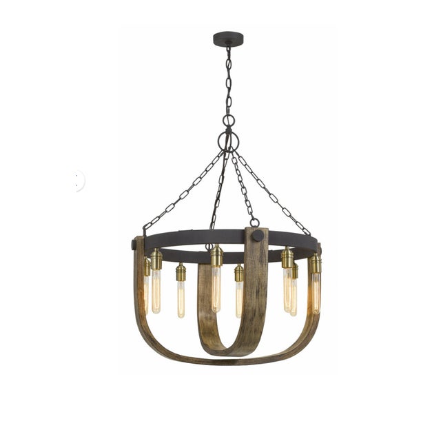 Apulia rustic wood and iron chandelier featuring a 30" round form and eight-light configuration, offered here new in its...