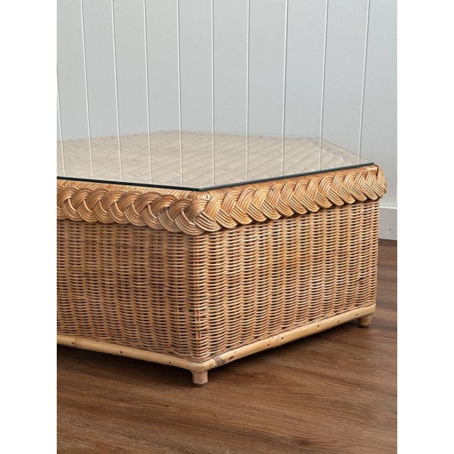 Vintage Brown Jordan Braided Wicker Hexagonal Coffee Table For Sale - Image 9 of 15