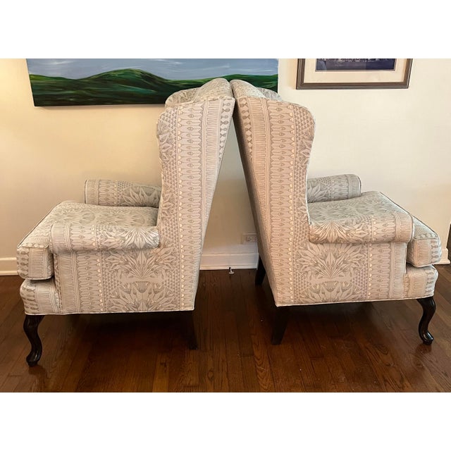 Pair of Vintage Queen Anne Wingback Chairs With New Thibaut Fabric