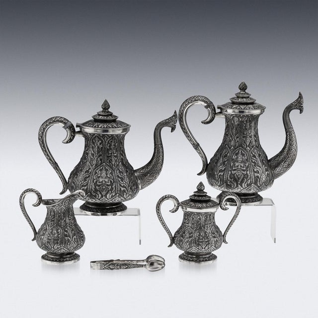 Thai Silver Tea Service on Tray, 1950s, Set of 6 For Sale - Image 4 of 18
