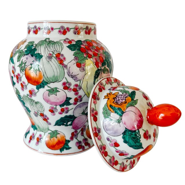 Ceramic Vintage 1970s Chinese Export Porcelain Fruit Motif Temple Jars - Pair For Sale - Image 7 of 13
