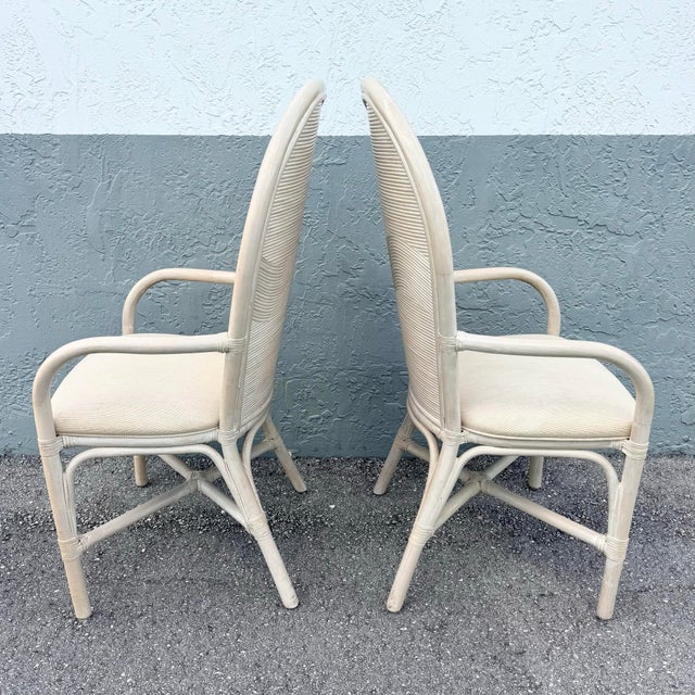 Late 20th Century Boho Chic Wavy Pencil Reed and Rattan Dining Arm Chairs - Set of 4 For Sale - Image 5 of 10