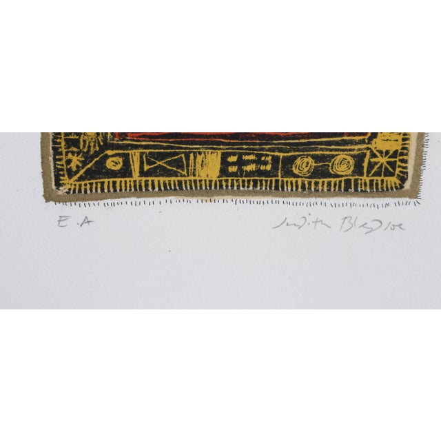 Wearing a fashionable green feathered hat, the woman in this Judith Bledsoe also wears an intricately-layered beaded...