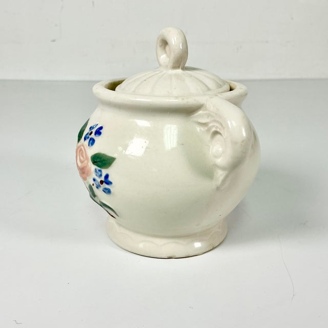 1940s Vintage Farmhouse Boho Chic Art Deco Porcelier Vitreous Cover Sugar Bowl For Sale - Image 4 of 11