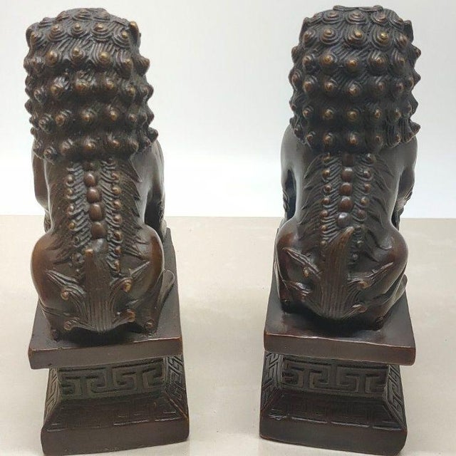 Metal Pair of Vintage Bronze Foo Dogs – Guardian Lion Statues With Ball & Cub For Sale - Image 7 of 9