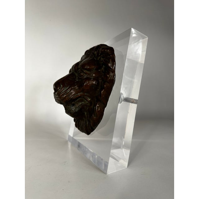 Antique Zinc Lion Sculpture on Lucite Mount For Sale - Image 4 of 7
