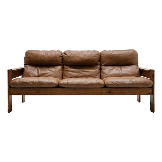 Vintage Brutalist Sofa in Cognac Leather, 1960s-1970s For Sale