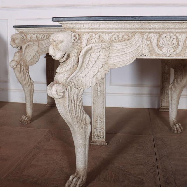 Pair of large Italian carved and painted oak/pine console tables with slate tops, made from 19th C components. Top dims-...