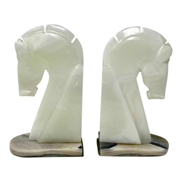 Pair Pale White Onyx Horse Head Bookends With Contrasting Base For Sale