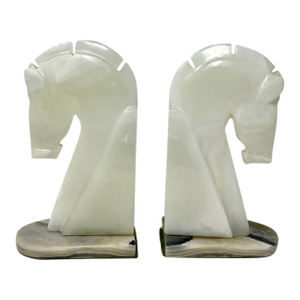 Pair Pale White Onyx Horse Head Bookends With Contrasting Base