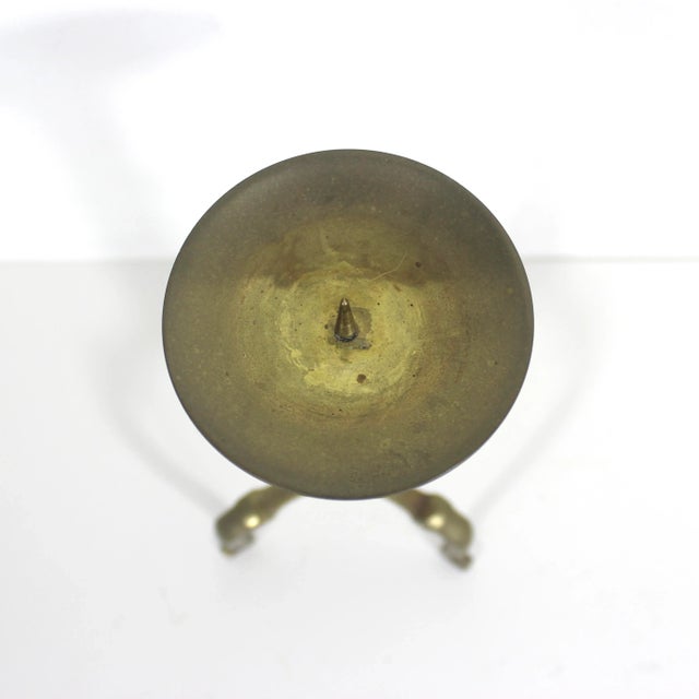 Vintage Brass and Copper Pillar Candle Holder Three Legs Staging Shelf Decor Dining Table Patina Corrosion For Sale - Image 6 of 8