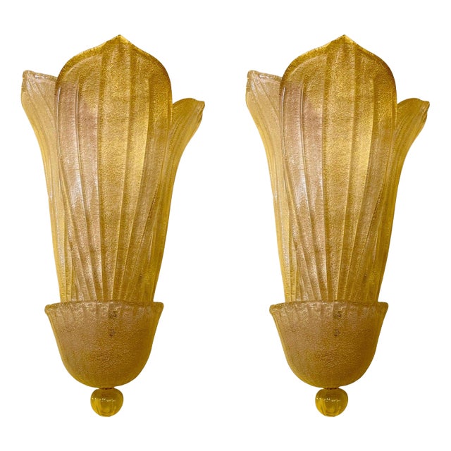 Gold Leaf Murano Sconces by Barovier and Toso, Italy, 1980s, Set of 2 For Sale