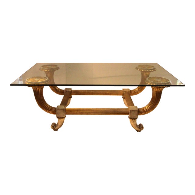 1960s Hollywood Regency Italian Silver and Gold Leaf Carved Wood and Glass Coffee Table For Sale