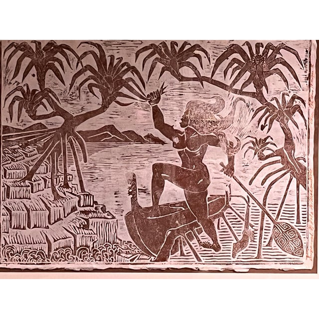 Vintage Pacific Islander Canoe Woodcut Print Framed 23.5x19.25 For Sale - Image 6 of 8