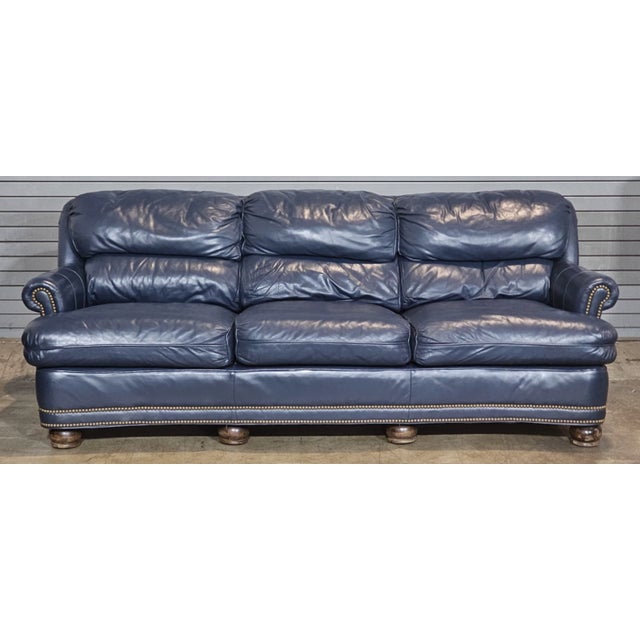 Store Item: Hancock & Moore Blue Leather Sofa Nailhead Trim Three Cushions Outstanding Description: High back padded sofa...