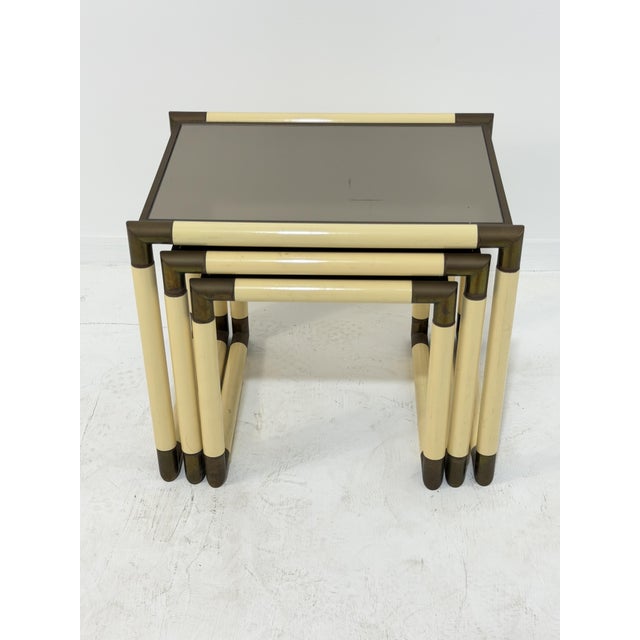 Enameled Metal and Brass Coffee Tables in the style of Tommaso Barbi, 1970, Set of 3 For Sale - Image 12 of 17
