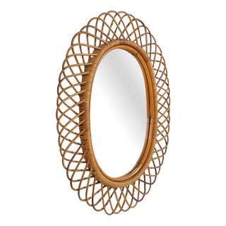 Vintage Wall Mirror with Rattan Frame, 1950s For Sale