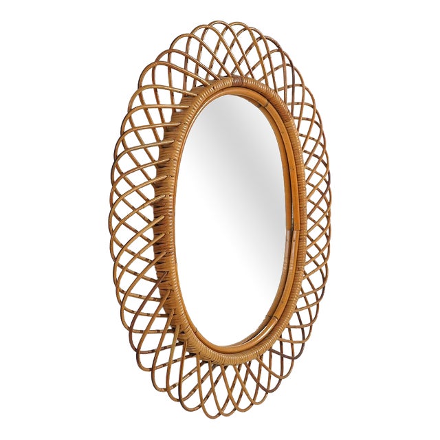 Vintage Wall Mirror with Rattan Frame, 1950s For Sale