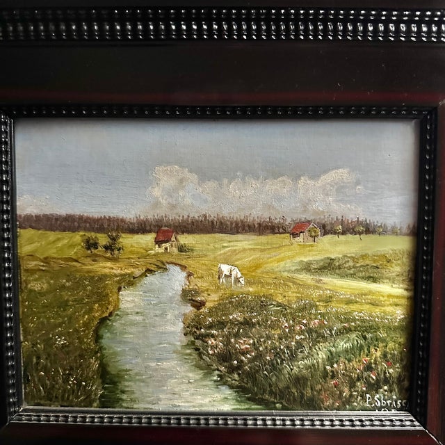 Vintage Pastoral Landscape Oil Painting in Mahogany-Tone Beaded Frame For Sale - Image 4 of 7