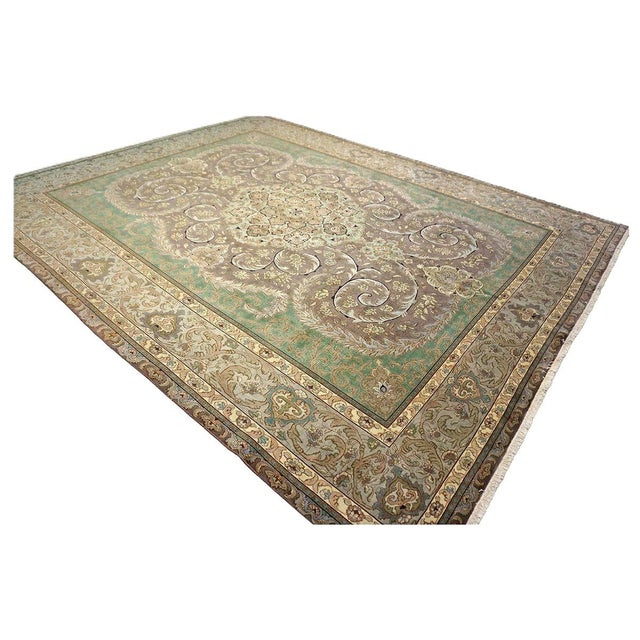 Traditional Antique Persian Tabriz Wool 9X12 Green, Brown, & Taupe Handmade Area Rug #1143872 For Sale - Image 3 of 8