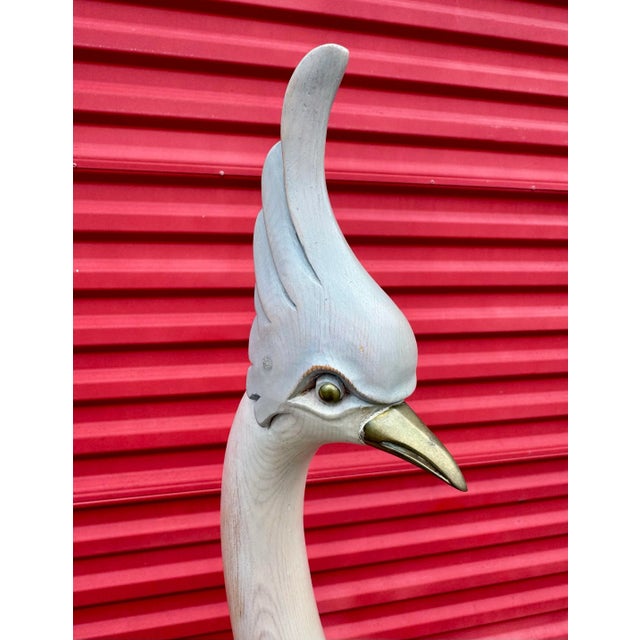 62” Ft Vintage Brass and Carved Solid Wood Herons Cranes Birds Sculpture Manner of Sarried For Sale - Image 4 of 12