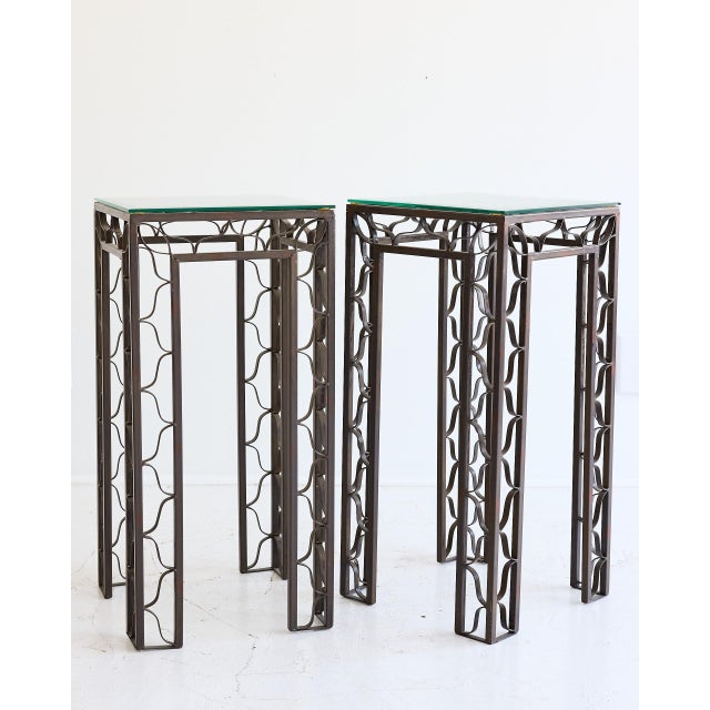 Pair of Pedestal Tables With Metalwork Frames and Glass Tops, Indoor/Outdoor For Sale - Image 4 of 15
