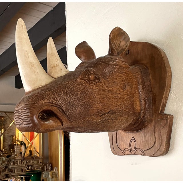 Large Hand Carved Wood Rhinoceros Head Wall Hanging For Sale - Image 4 of 8