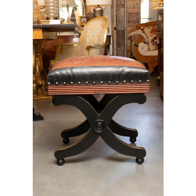 Pair of Leather-Upholstered X-Frame Ottomans For Sale - Image 4 of 5