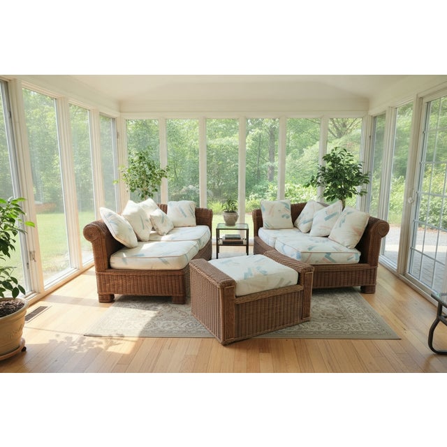 Vintage 1980s Postmodern Heavy Rattan Demi-Lune Lounge Set With Original Pastel Brushstroke Cushions - 3 Pieces For Sale - Image 10 of 10
