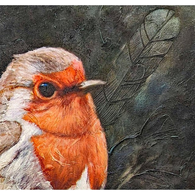 Contemporary Framed Textured English Finch Bird Art Painting on Canvas. For Sale - Image 3 of 7